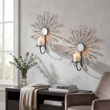 ZEXUIRU 2 Set Starburst Candle Sconces for Wall Decor Living Room Bedroom Dining Room Metal Bling, Crystal, Mirrored Modern Wall-Mounted Candle Sconce Holders Hanging Decor-Silver 13in