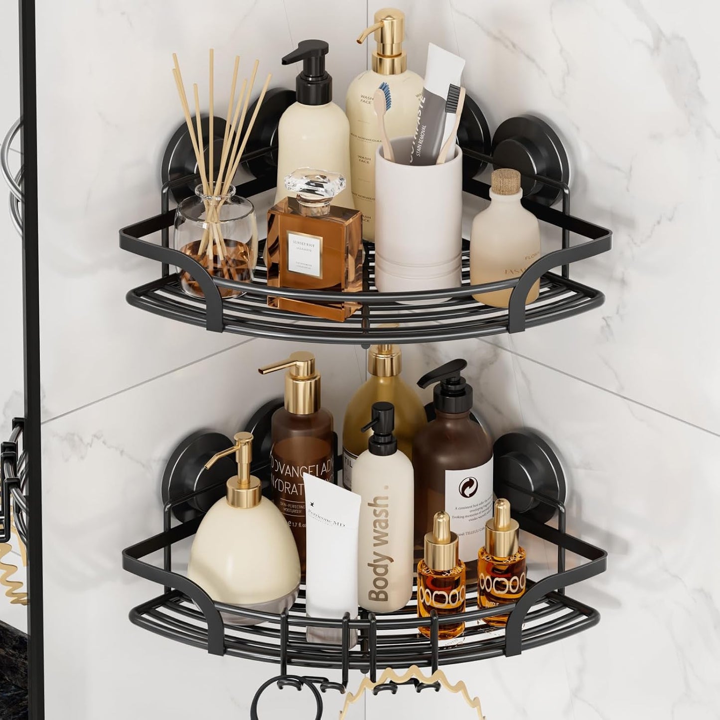 2 Pack LEVERLOC Strong Suction Cup Corner Shower Caddy, Large Capacity Removable Bathroom Organizer, Stainless Steel