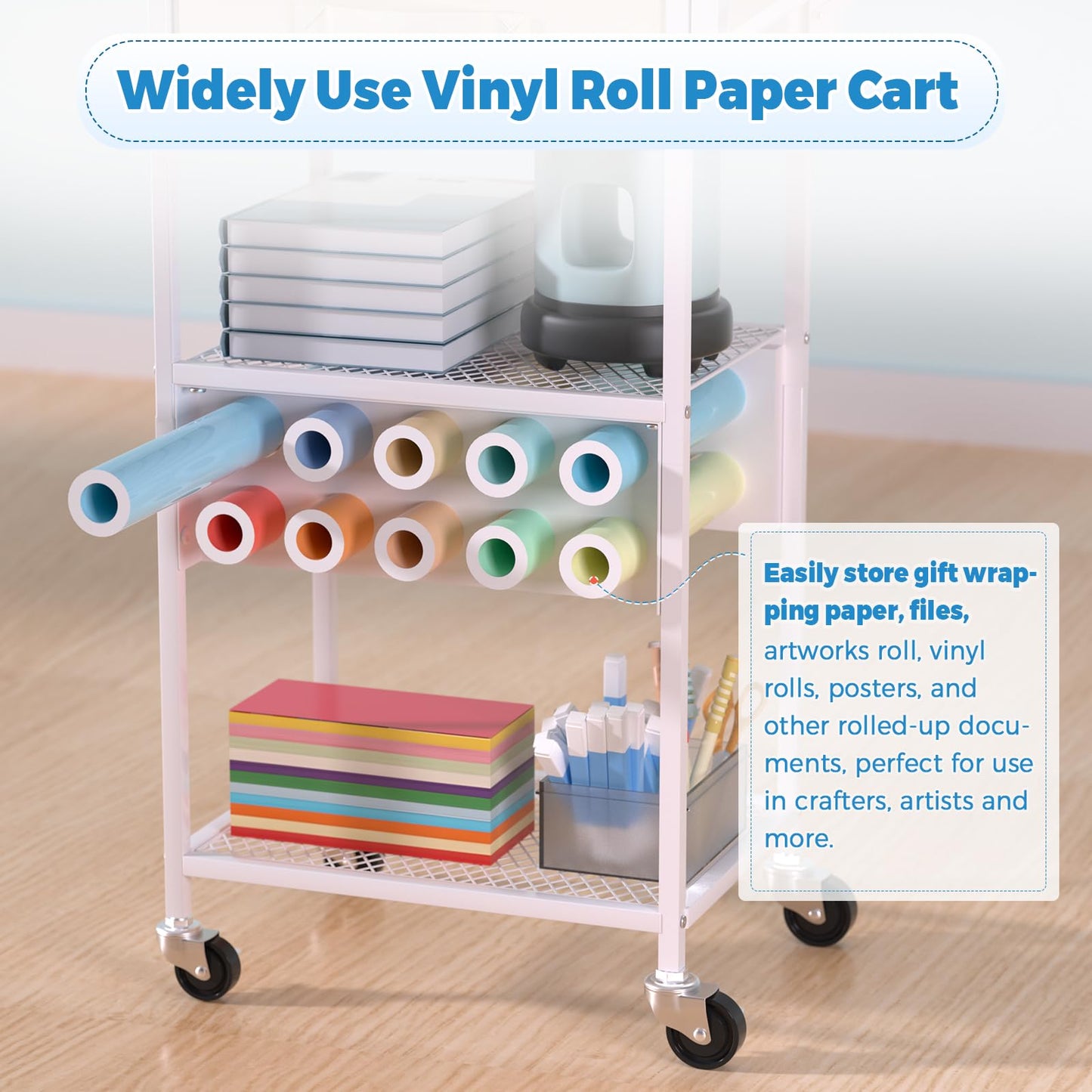 Craft Cart and Organizer Table Compatible with Craft Cutting Machine - Rolling Storage Organizer with Drawer & Vinyl Roll Holder, Crafting Table Workstation Holder for Craft Room Home Office (White)