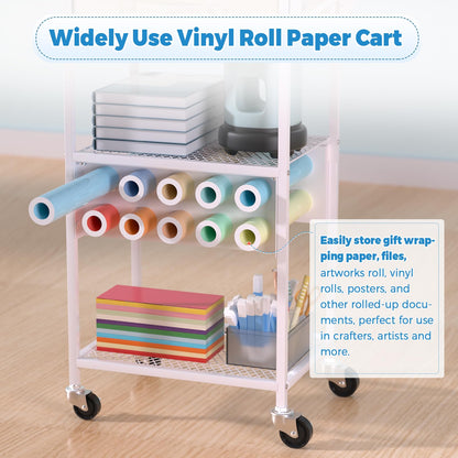 Craft Cart and Organizer Table Compatible with Craft Cutting Machine - Rolling Storage Organizer with Drawer & Vinyl Roll Holder, Crafting Table Workstation Holder for Craft Room Home Office (White)