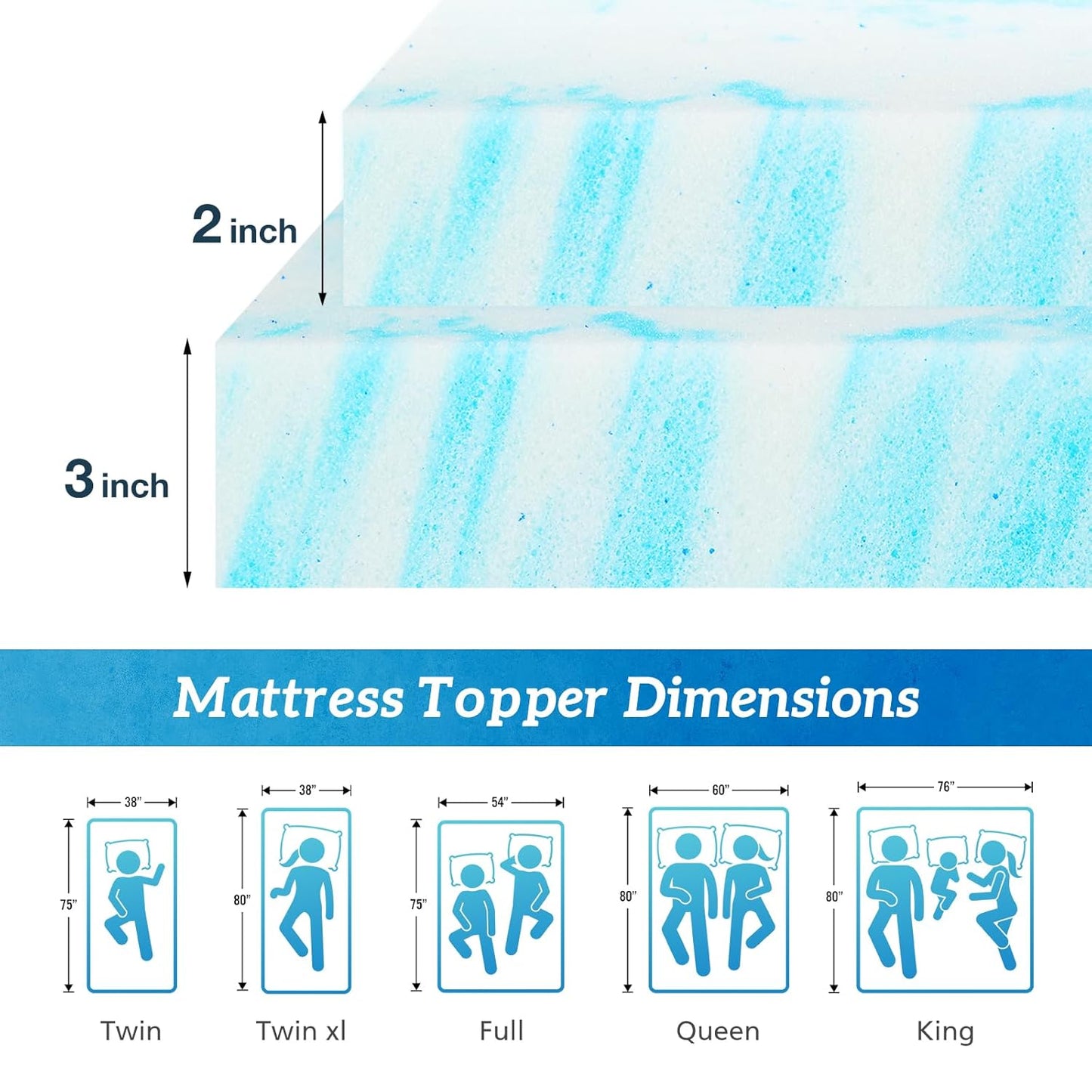 Sweetcrispy Memory Foam Mattress Topper - 3 Inch Thick Gel-Infused Cooling Pad for Queen Size Bed | CertiPUR-US Certified, Breathable Blue