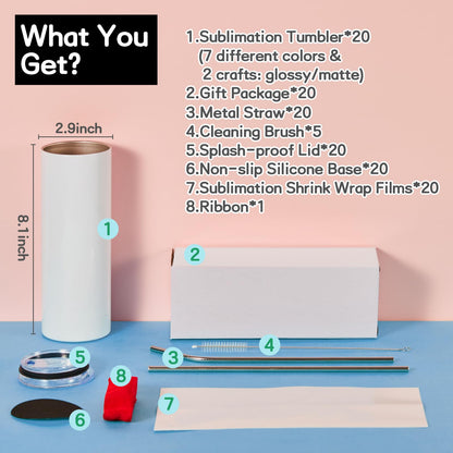 20pcs 20oz Sublimation Tumblers with Lids and Straws, Multi Color Stainless Steel Skinny Tumbler Sublimation Blanks Slim Insulated Cups for Heat Press with Shrink Wrap Water Bottles for Iced Coffee