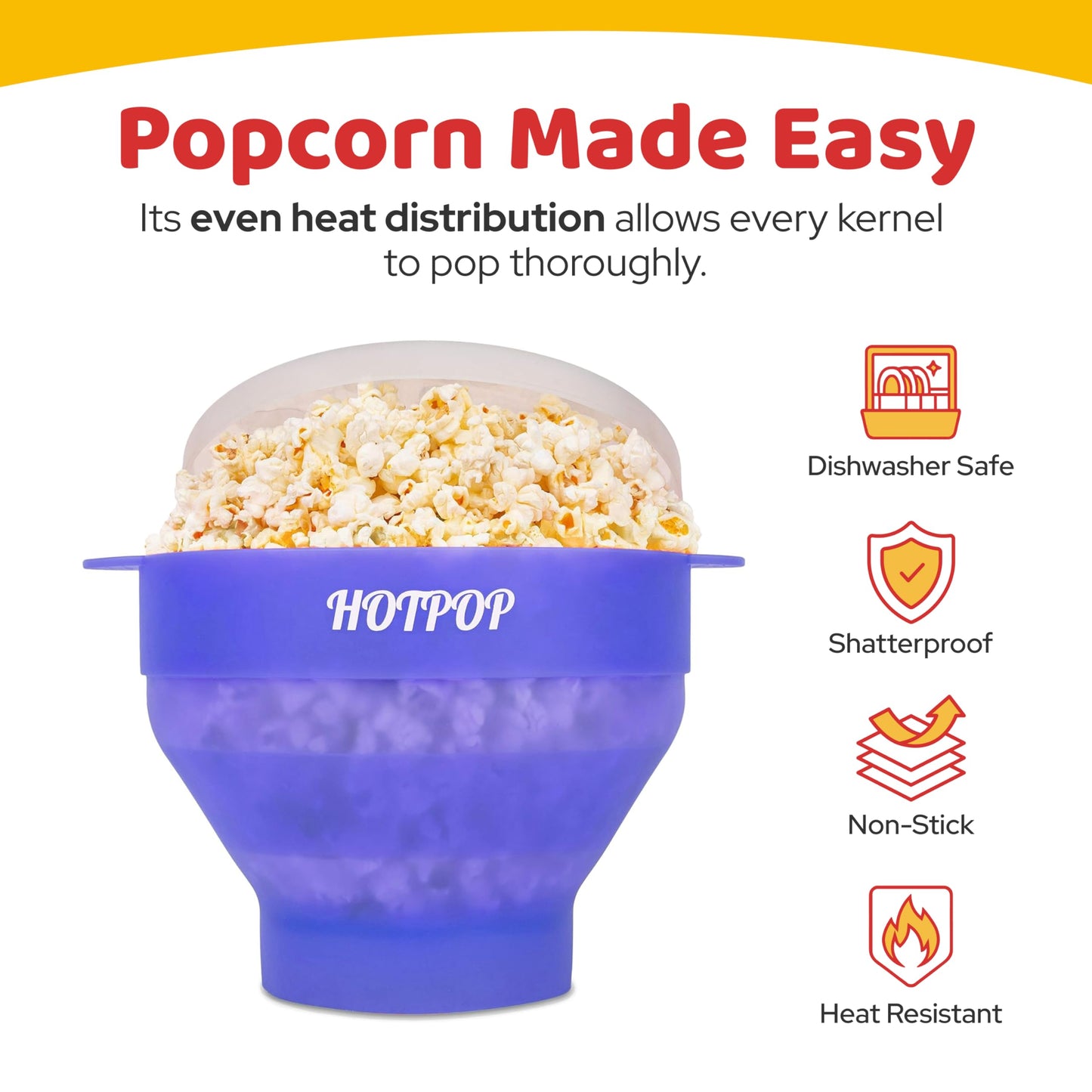 The Orginal HotPop Silicone Popcorn Maker - Microwave Popcorn Popper with Handles - Collapsible Bowl, Heat-Resistant, Easy to Clean, Ideal for Family Movie Nights, 15-Cup Capacity - Red