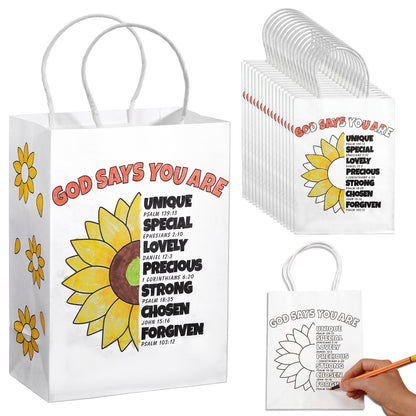 Kolldenn 18 Pcs Sunday School Crafts Religious Coloring Gift Bags VBS God Says You Are Sunflower Bible Verse DIY Craft Kits Christian Color Your Own Bags for Church & Home Activities
