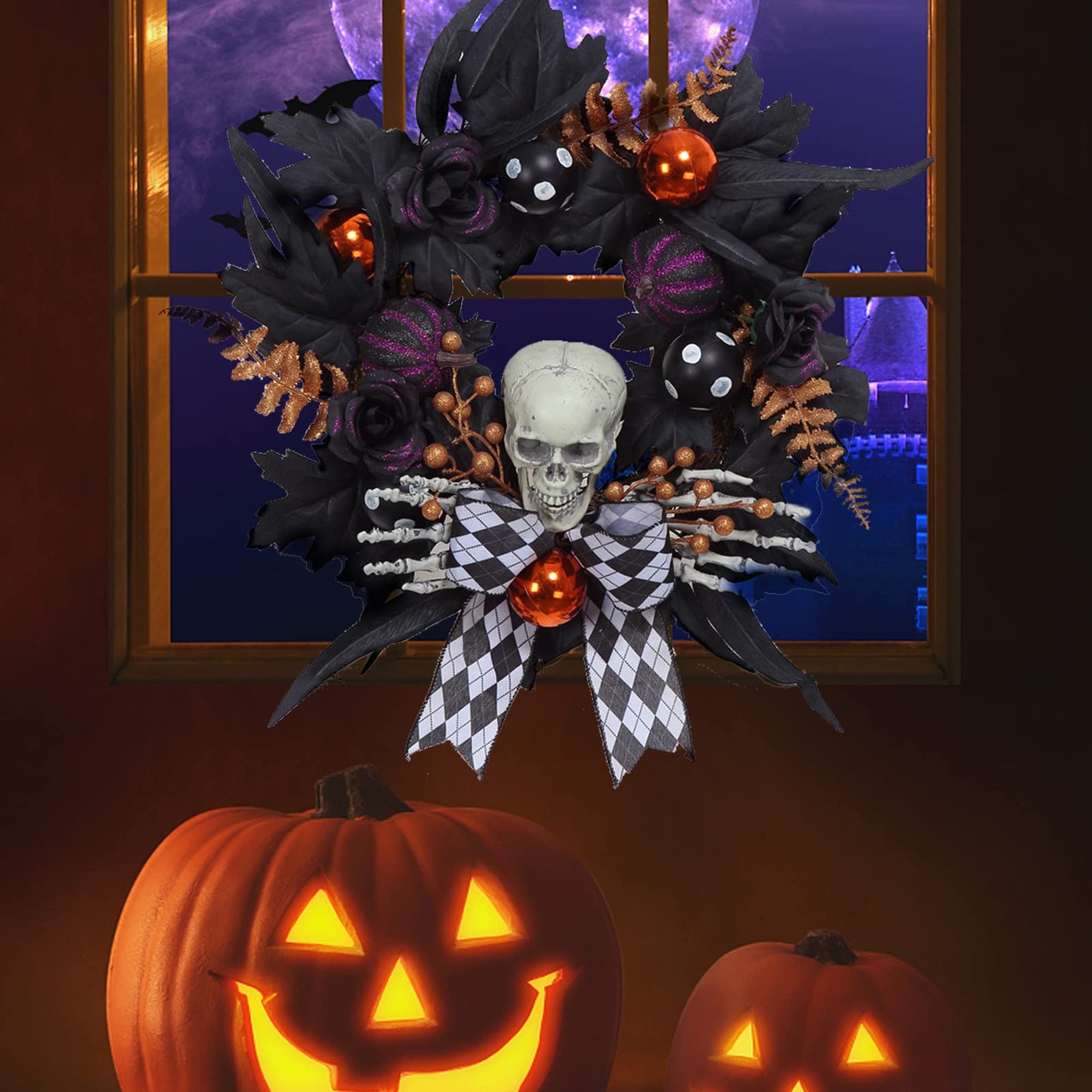 Adeeing Halloween Wreath for Front Door Halloween Skeleton Decorations, 20 Inch Pumpkin Wreath with Skull Black Roses Maple Leaves for Window Indoor Outside Home Party Decor