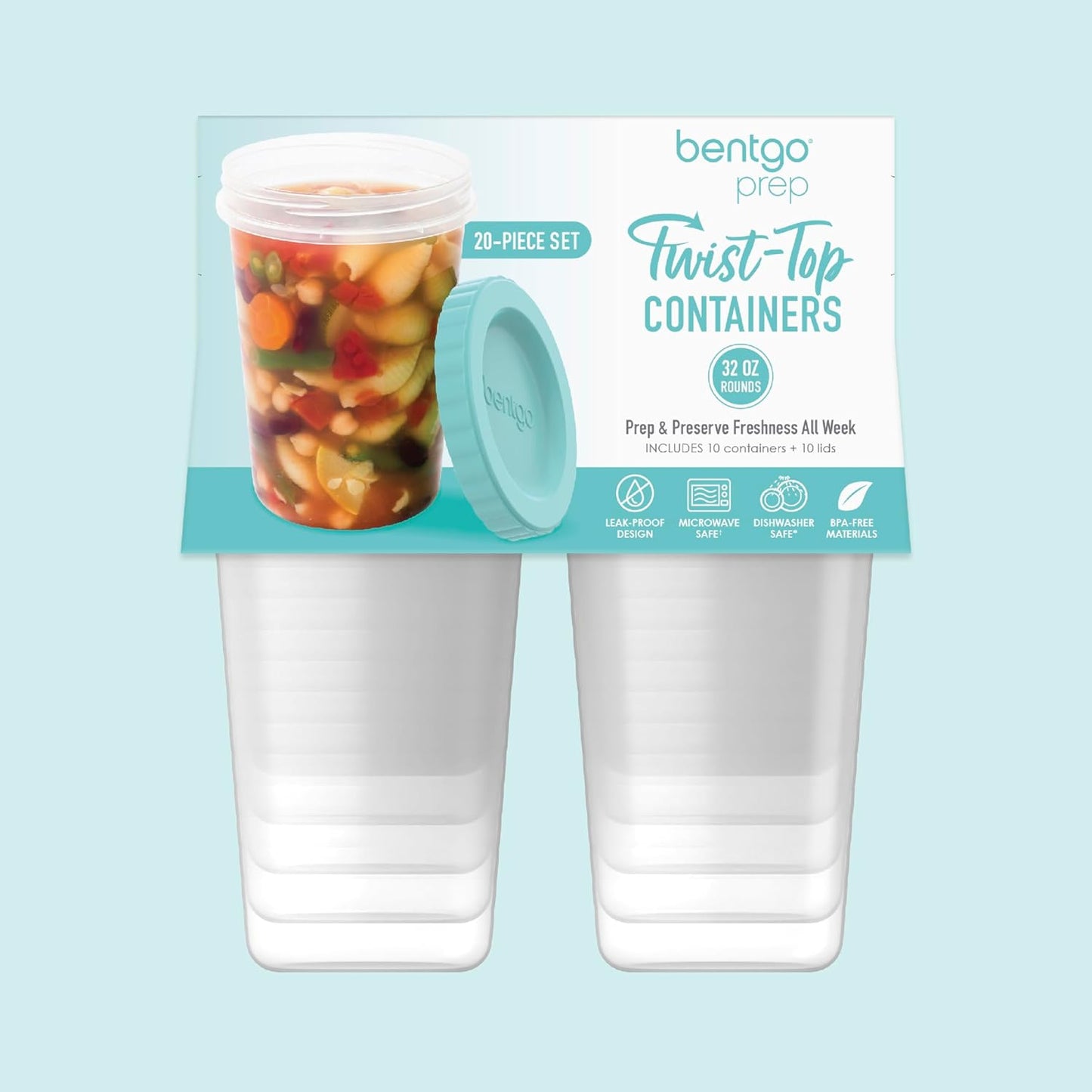20 32 oz Bentgo Prep - Piece fl Leak-Proof Deli Containers with Lids, Food Storage for Meal Prep, Twist-Top, Reusable