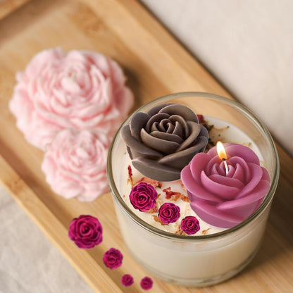 2 Rose Flowers Silicone molds(2 Styles) 2 Peony Mold (3.54 inch + 2.55 inch) Flower Silicone Candle Molds with Large-Eye Wicking Needle Candlewick for Candle Home Décor Handmade Gift Epoxy Resin Soap
