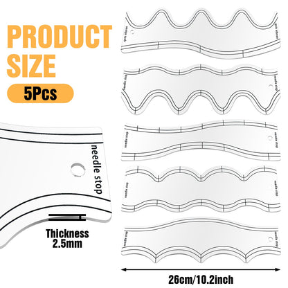 5 Pcs Wave Quilting Rulers and Templates Set, Quilting Ruler and Templates Waves Ruler Acrylic Quilting Templates for Machine Quilting Free Motion Quilting Stencils Wavelengths Sewing Rulers