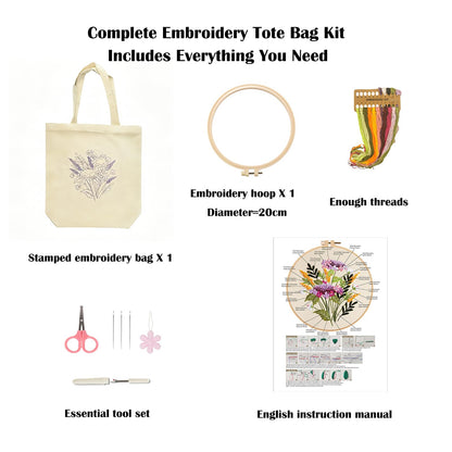 Vigdit Canvas Tote Bag Embroidery Kit for Beginners, Needlepoint Cross Stitch Kit for Adult Beginner, DIY Reusable Grocery Bags Embroidery Starter Kit with Stamped Floral Tools & Instructions