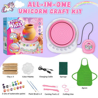 Pottery Wheel for Kids Complete DIY Pottery Painting Kit, Arts and Crafts for Kids Ages 8-12 with 3 Air-Dry Clay Packs and Tools, Unicorn Art Supplies Toys Birthday Gift for Boys Girls 6+ Years Old