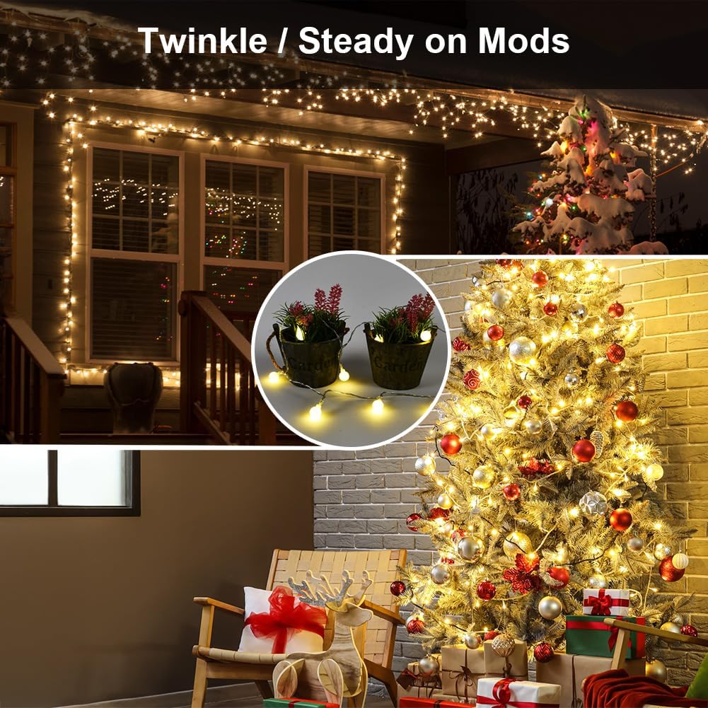AUAUY 40 19.6FT 2 String Lights, LED String Lights Battery Operated Modes, Christmas Lights Bedroom, Waterproof Outdoor