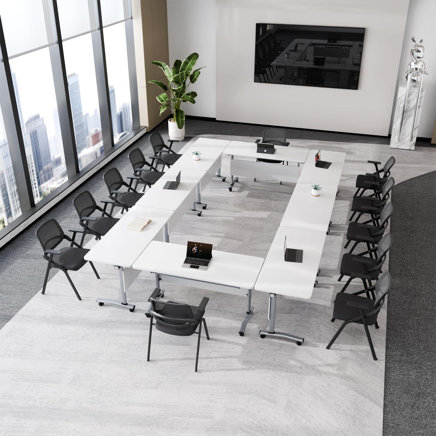 JFazzruit Conference Room Table with Wheels, Modular Flip-Top Folding Conference Tables for Training Rooms Classrooms Seminars Mobile Conference Table for Meeting Room Business (Silver 6P140)