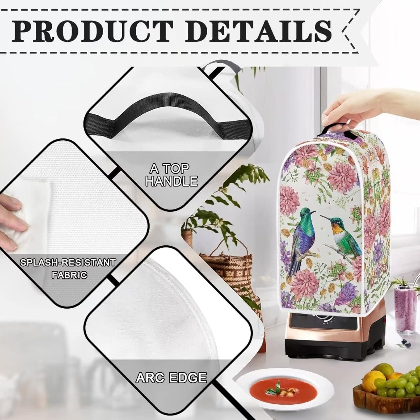 Floral Hummingbird Print Blender Covers for Kitchen, Anti-Fingerprint Polyester Dust Proof Covers