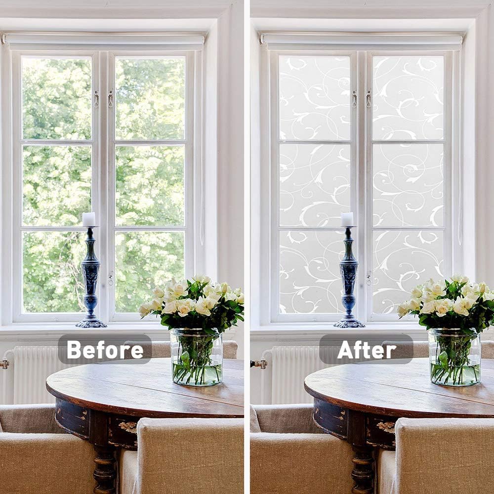LEMON CLOUD Window Privacy Film, No-Adhesive Static Decorative Window Film, Frosted Stained Glass Vine Design (17.5 x