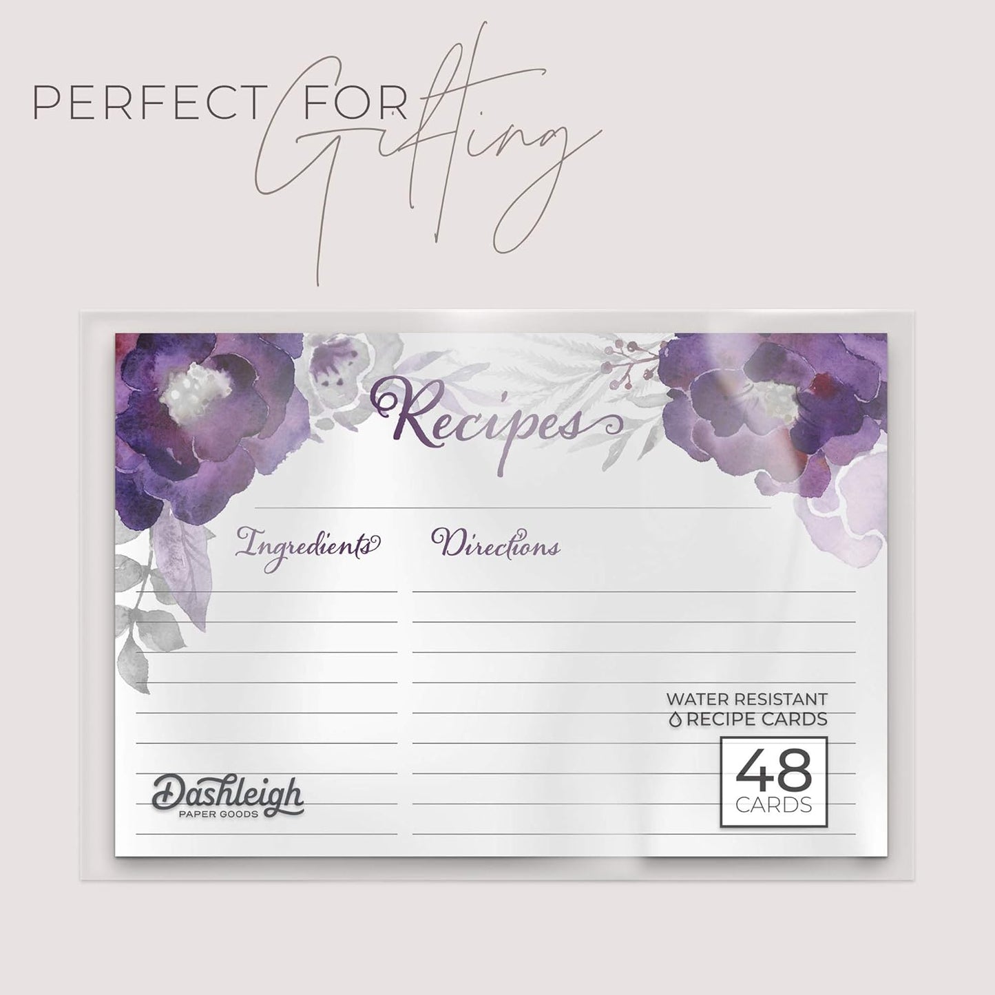 Floral Recipe Cards from Dashleigh, 48 Double-Sided Water-Resistant Cards, 4x6 inches (Violet Purple)