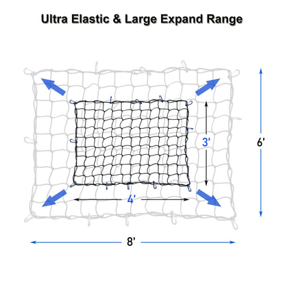Amiss 3' x4' Stretches to 6' x 8' Truck Cargo Net, Roof Rack Cargo Net for Pickup Trucks SUV, Heavy Duty Truck Bed Cargo Bungee Net with 12 Blue Clips and Storage Bag， Car Exterior Accessories
