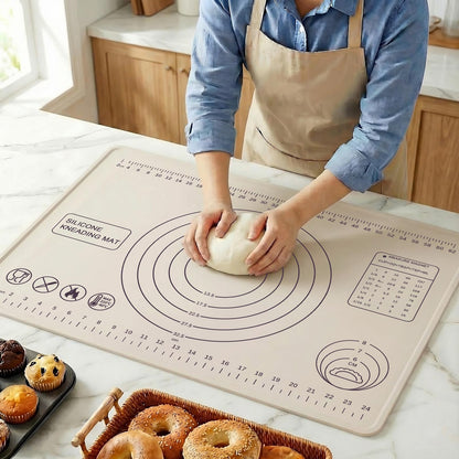Silicone Pastry Mat 28" x 20" Extra Thick Silicone Baking Mat with Measurements and Edge Heightening Non-stick Food Grade Dough Rolling Mat Kneading Sheet for Pastry, Bread, Cookies (Beige)