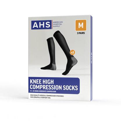 American Hospital Supply – Knee High Compression Socks – 15–20 mmHg, Black, Medium – Lightweight Medical Stockings for Daily Wear – Pack of 3 Pairs