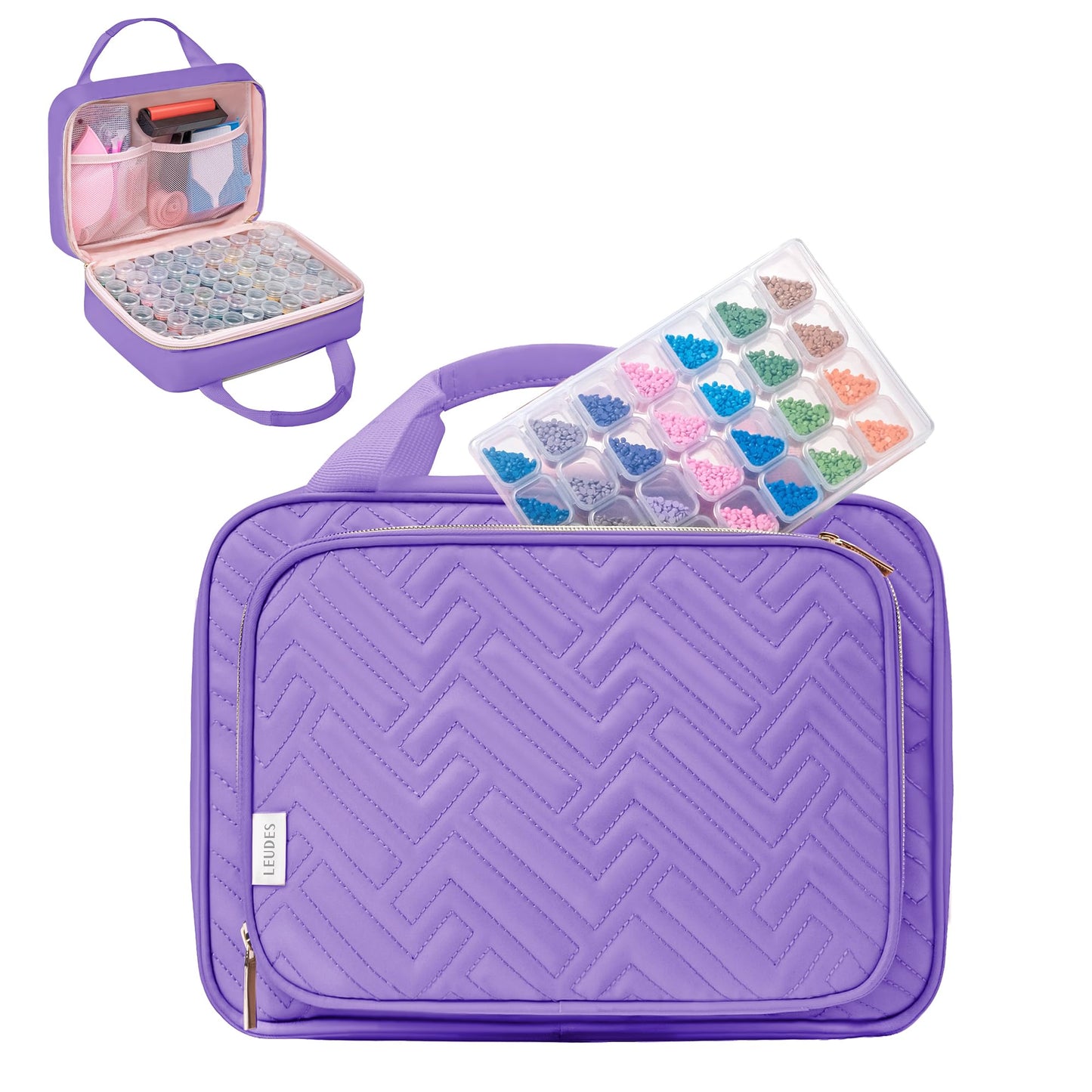 Leudes Diamond Painting Storage Containers, 60 Slots Bead Storage Box for Diamond Art Kits Accessories Organizer Case (Only Bottles and Bag) (Purple-2(60 Jars))