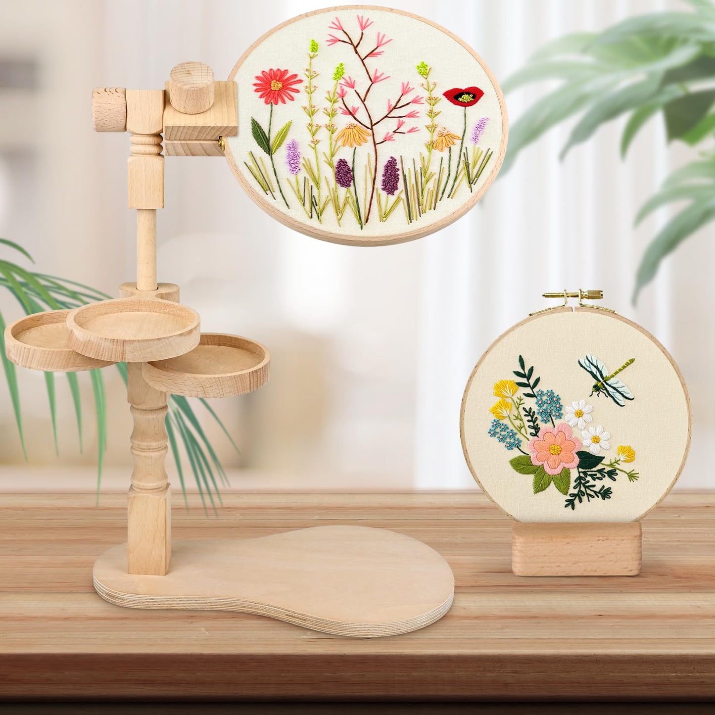 embhand Embroidery Hoop Stand Adjustable - Rotated Embroidery Frame Stand with 6'' 8'' Embroidery Hoops and 3pcs Bowls for Needlework Supplies, Embroidery Hoop Holder, Embroidery Stands for Hand Work