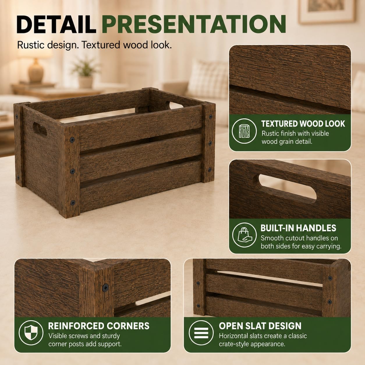 Wooden Crates for Display, 3 Pack Large Rustic Handmade Wood Crate for Storage, Wooden Basket with Handles, Nesting Crates Boxes for Container and Decor Living Room Outdoor Christmas (Extra Large)