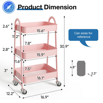 OLIXIS Metal 3 Tiers Utility Rolling Cart, Mobile Storage Shelf with Lockable Caster Wheels, Organization for Livingroom, Bathroom & Narrow Places, Pink