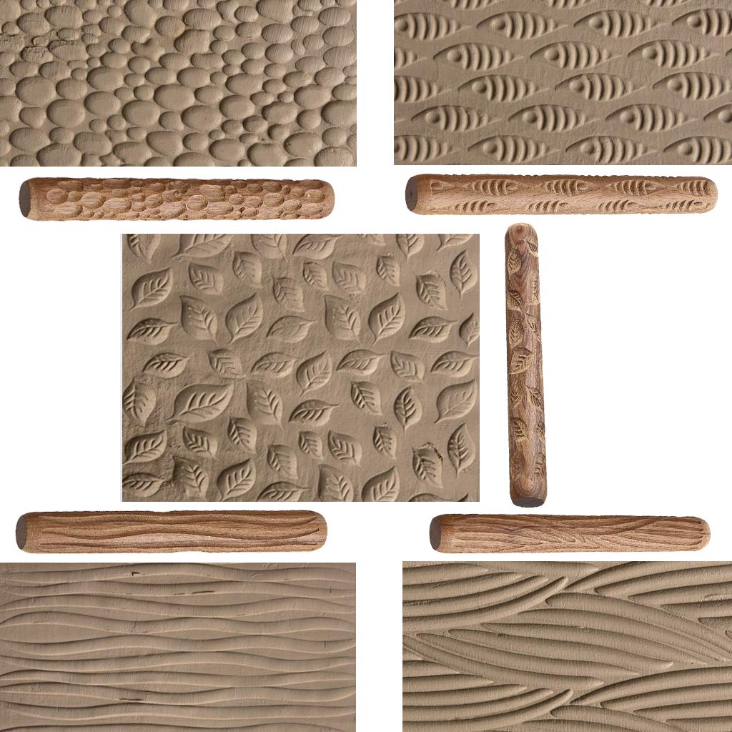 OwnMy Set of 5 Clay Modeling Pattern Rollers Kit, Fish Leaves Cobblestone Ripple Wood Grain Pattern 4.7 IN Clay Rolling Pin Textured Hand Roller Wooden Handle Pottery Tools Set