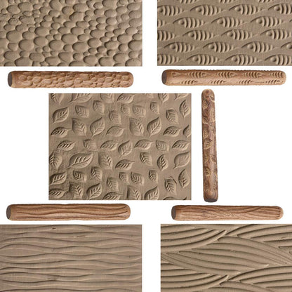 OwnMy Set of 5 Clay Modeling Pattern Rollers Kit, Fish Leaves Cobblestone Ripple Wood Grain Pattern 4.7 IN Clay Rolling Pin Textured Hand Roller Wooden Handle Pottery Tools Set