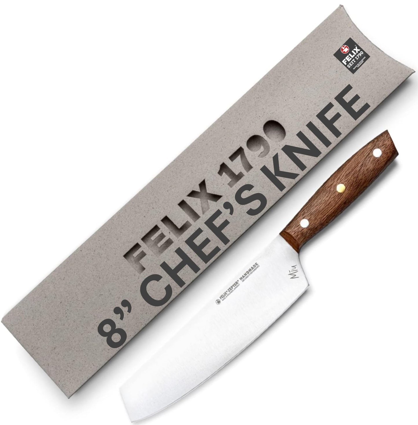Zepter Felix MIU Chef Knife, 8in long global kitchen knife. Butcher knife for meat cutting, vegetable&bread slicing. Chef's walnut handle, sharp carbon steel, handmade Germany cooking tools est. 1790