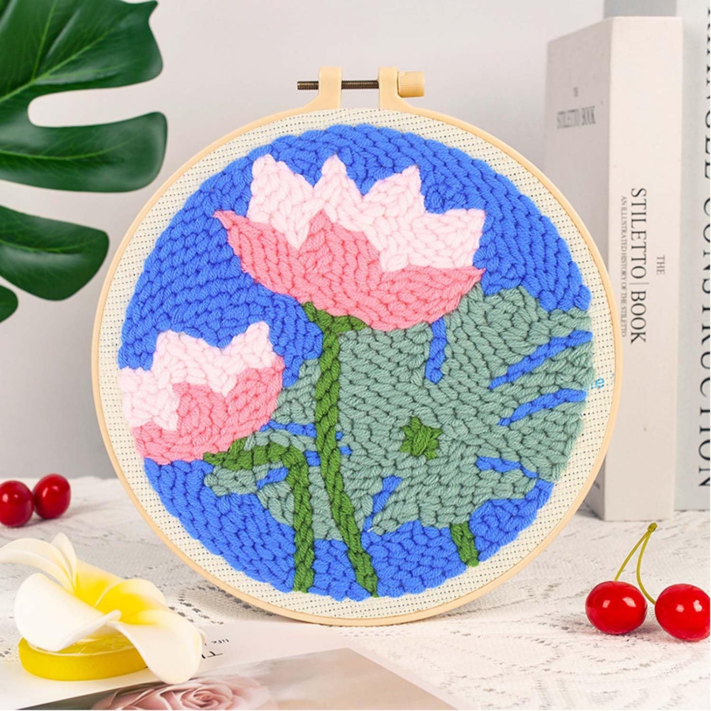 Allazone 3 Set Punch Needle Embroidery Starter Kits with Flower Pattern, Punch Needle Tool Threader Fabric, Yarn, Embroidery Hoop for Crafts, Home Decor