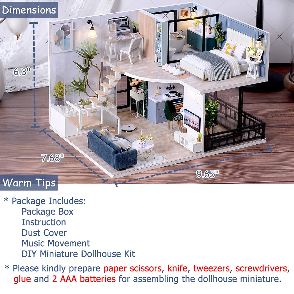 TuKIIE DIY Miniature Dollhouse Kit with Furniture, 1:24 Scale Creative Room Mini Wooden Doll House Accessories Plus Dust Proof & Music Movement for Kids Teens Adults(Satisfied Time)