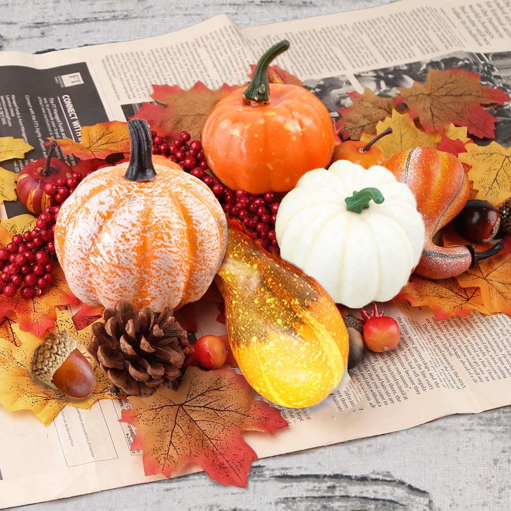 96Pcs Halloween Artificial Pumpkin and Gourd Maple Leaf Sunflower Red Fruit Pine Cone Acorn Harvest Mixed Small Fake Pumpkin Thanksgiving Halloween Party Decoration