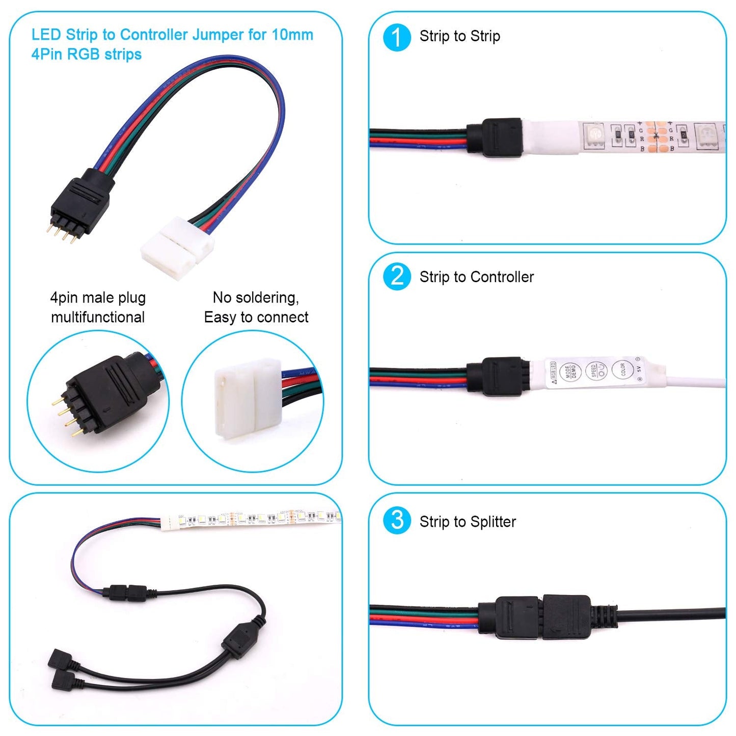 iCreating 5050 4Pin LED Strip Connector Kit 10mm RGB 4 Pin LED Connector Accessories Kit Include L LED Connectors for Strip Lights, 4-pin LED Light Strip Connectors with Wire, LED Extension Cable