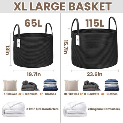JMvicyroam 65L Extra Large Blanket Basket - Woven Cotton Rope Laundry Hamper with Reinforced Handles | Machine Washable Black Storage Bin for Pillows, Comforters & Toys