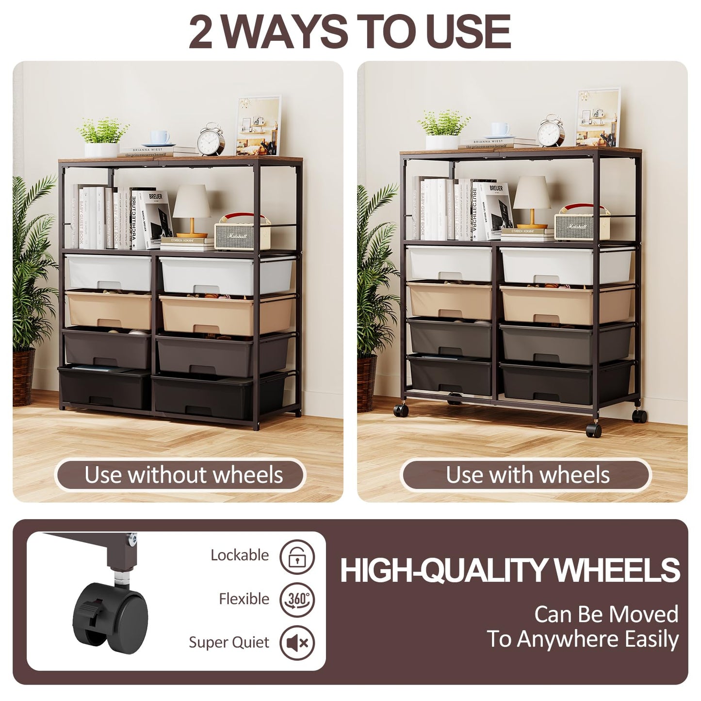 SYKIARIOL 8 Drawers Rolling Storage Cart with Wooden Top, Multipurpose Utility Cart with Opening Shelf & Lockable Wheels, Storage Drawer Cart Organizer for Home Office Craft Room Classroom, Brown