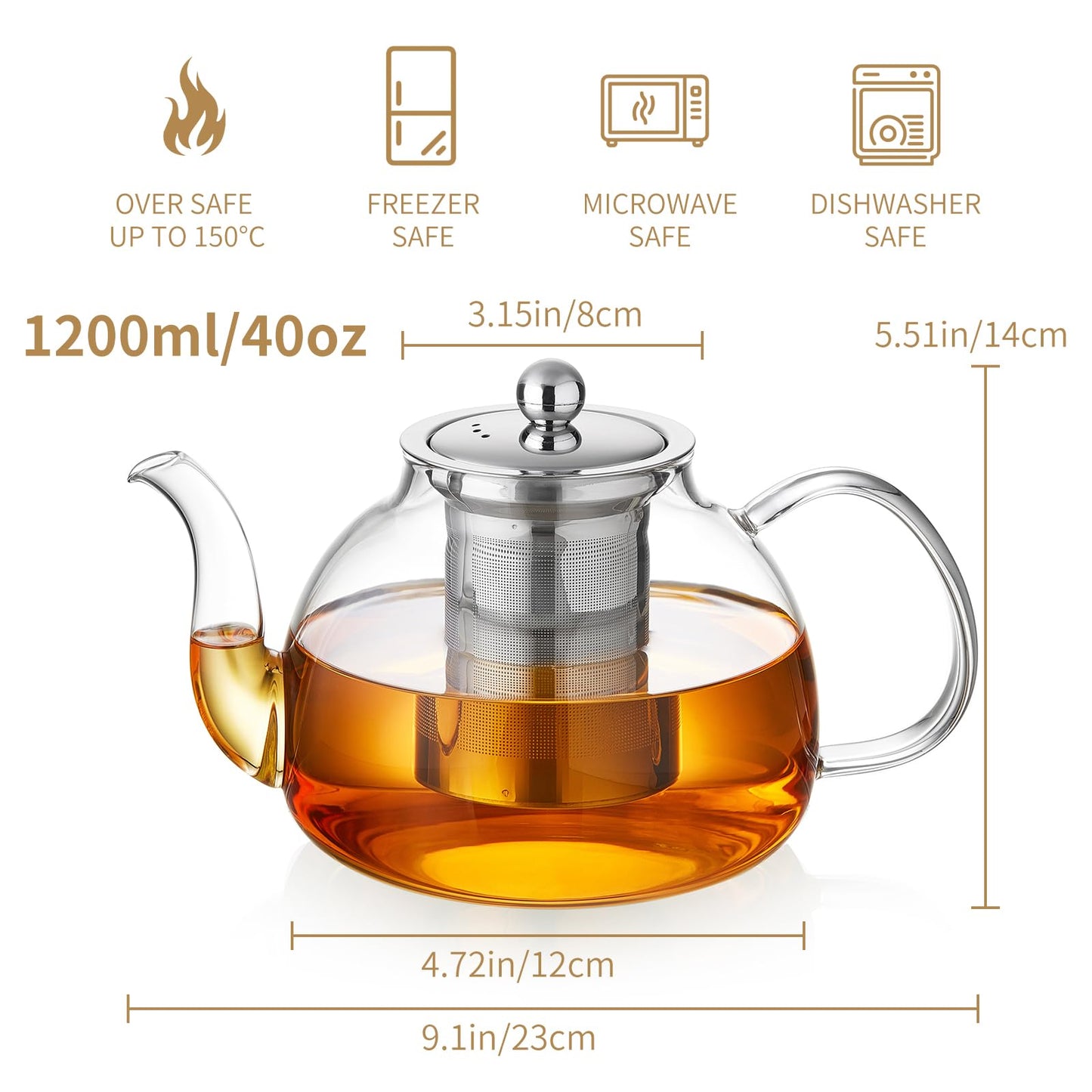 DOPUDO 40OZ (1200ML) Glass Teapot with Infuser Stovetop Safe, Clear Glass Tea Pot Kettle, Borosilicate Tea Pot with Infusers Filter for Loose Tea, Tea Kettle Dishwasher Safe