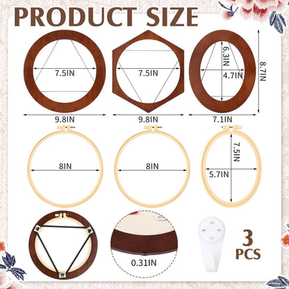 Vercraft 3 Set Embroidery Hoop Frame 8 Inch Decorative Wood Embroidery Frame with 8 Inch Cross Stitch Hoop for Display Finished DIY Art Craft Hanging Sewing Ornaments, Round, Hexagon, Oval