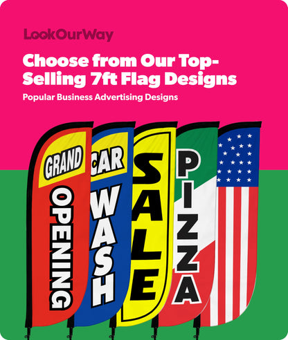 LookOurWay Feather Flag Pole Kit 3-Pack Bundle - 7ft Tall Grand Opening Advertising Banners with Poles and Ground Spikes - Now Open Red, Welcome Blue/Red, Now Hiring