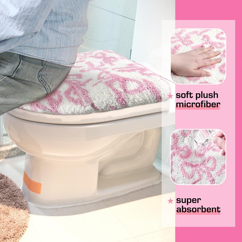 SmoothNovelty Toilet Lid Cover Washable Coquette Cute Plush Toilet Cover for Bathroom Decor Soft Microfiber 17.5 x 15 Inch Non Slip Rubber Backing Fits Most Round, Elongated(Rose Pink,Bow)