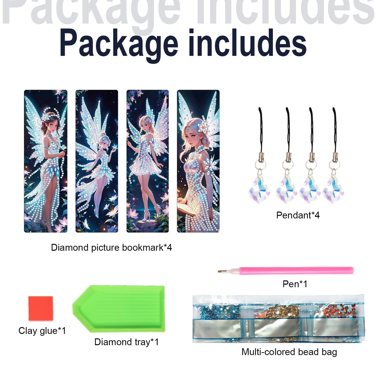 JISHSHAY 4 PCS Diamond Art Bookmarks Diamond Painting Book Marks Gem Art Bookmarkers Gem Painting Book Markers Mosaic Kits for Adults Special Drills with Crystal Pendants Fairy Elf