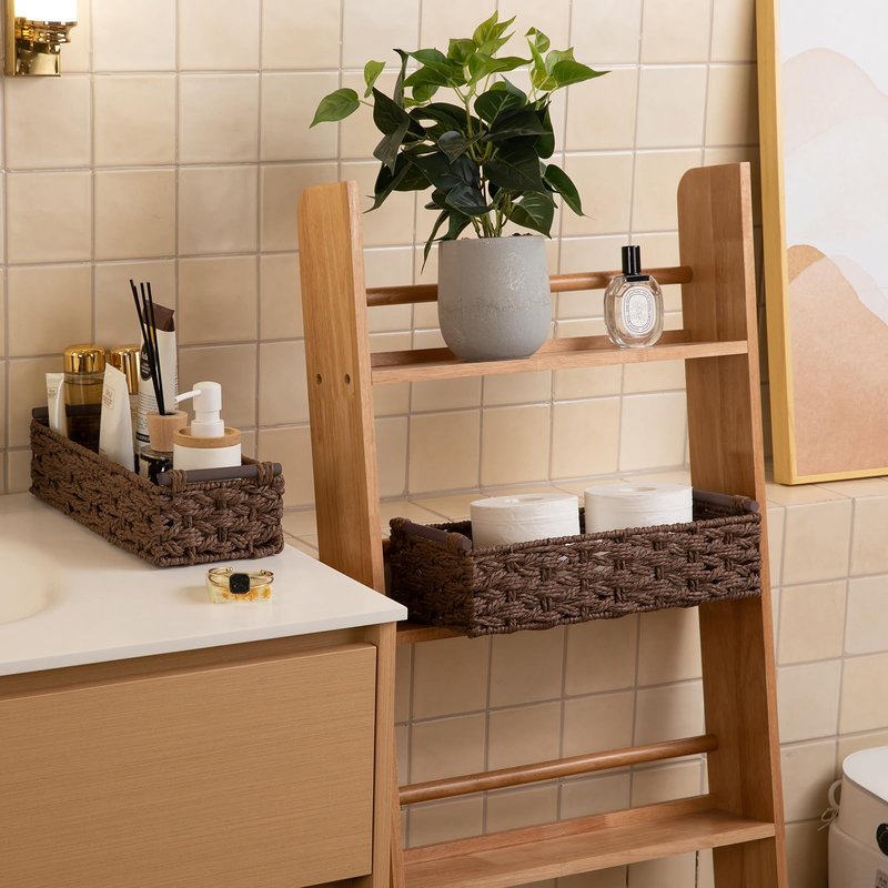 OIAHOMY Toilet Paper Baskets Handmade Paper Rope Decorative Wicker Storage Tank Shelf Cabinet Organizer for Bathroom Home, Set of 2, Green