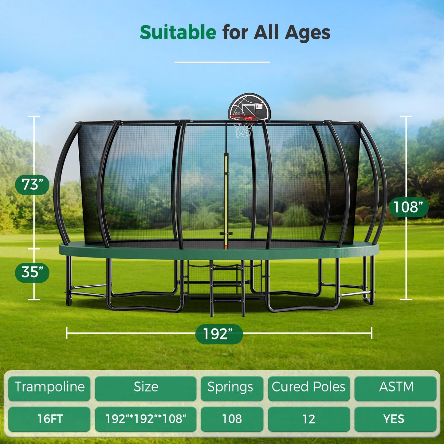 Tatub 16FT Upgrade Pumpkin Trampoline for Kids and Adults, Outdoor Recreational Trampolines with Basketball Hoop & Enclosure Net, Curved Poles & Storage Bag, Green