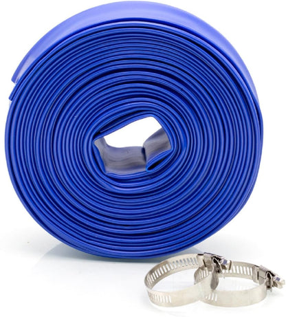 WWD POOL 1-1/2" x 50' Heavy Duty Backwash Hose with Clamp - General Purpose PVC Lay-Flat Water Discharge