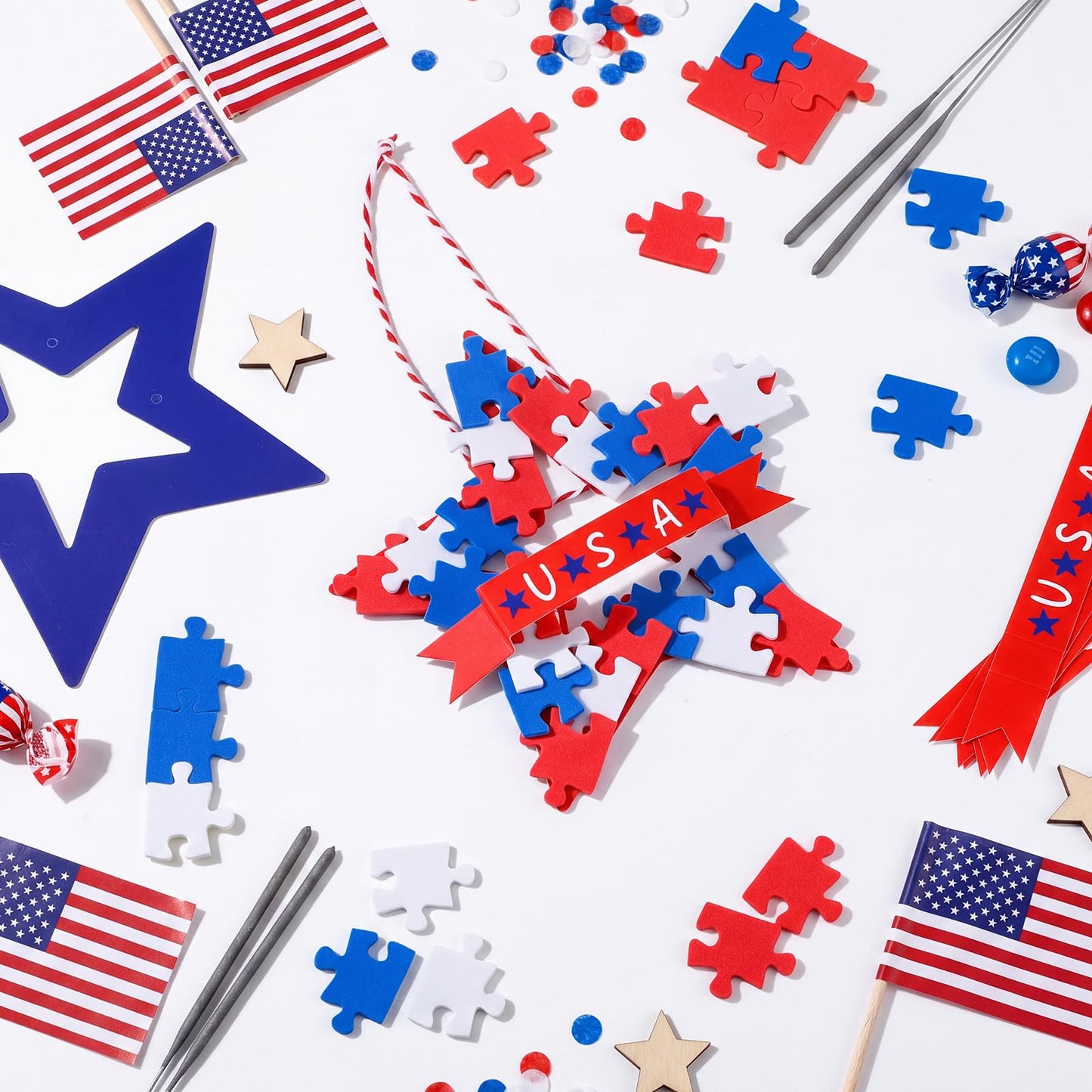 Soulchen 16 Sets DIY 4th of July Wreath Craft Kit Patriotic Red Blue White Hanging Craft Kits 640 Pcs Foam Puzzle 16 Star Paper Wreath and 1 Roll Rope for Home Classroom 250th Anniversary Memorial