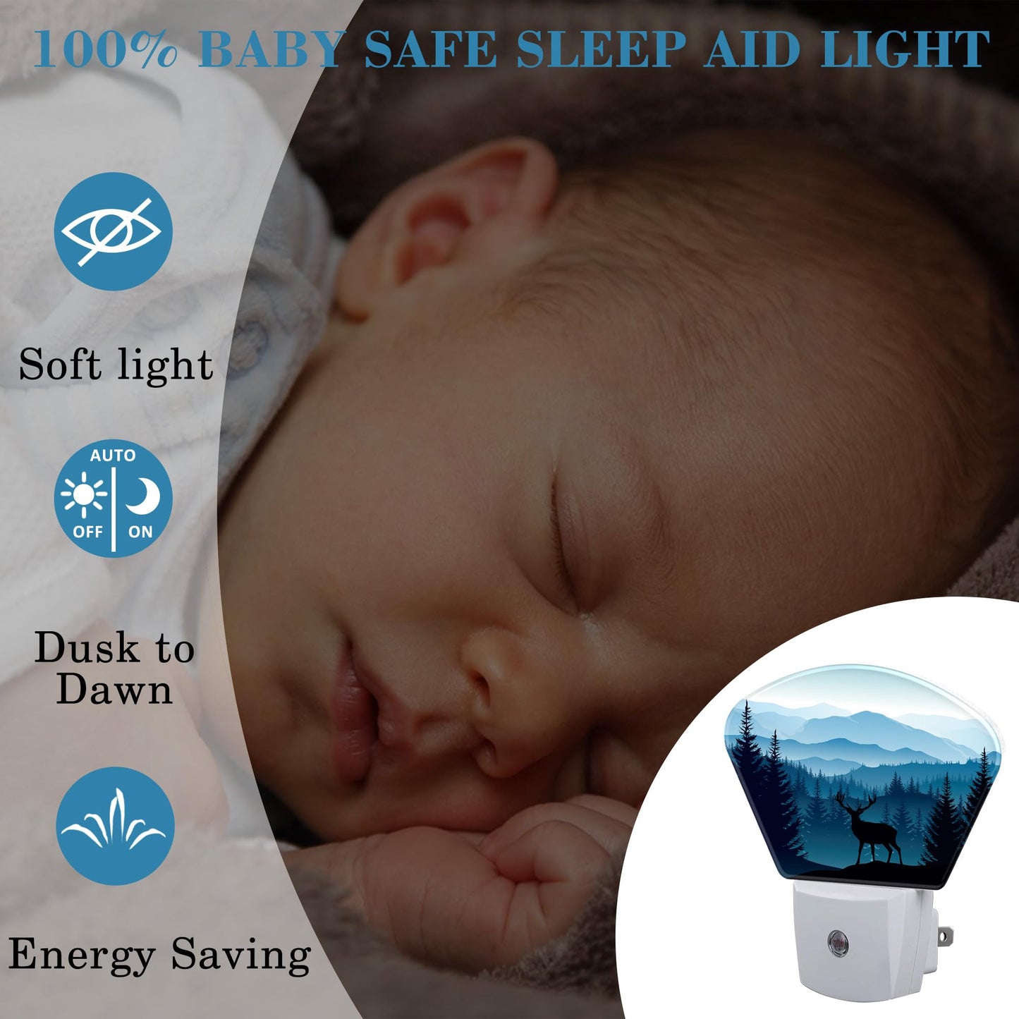 Uiaoiais Blue Misty Mountains Plug in Night Lights, Deer Nightlight Plug Into Wall Dusk to Dawn Sensor for Kid Girls Boys Women Men Bedroom, Hallway, Kitchen, Bathroom, Stairs Decor