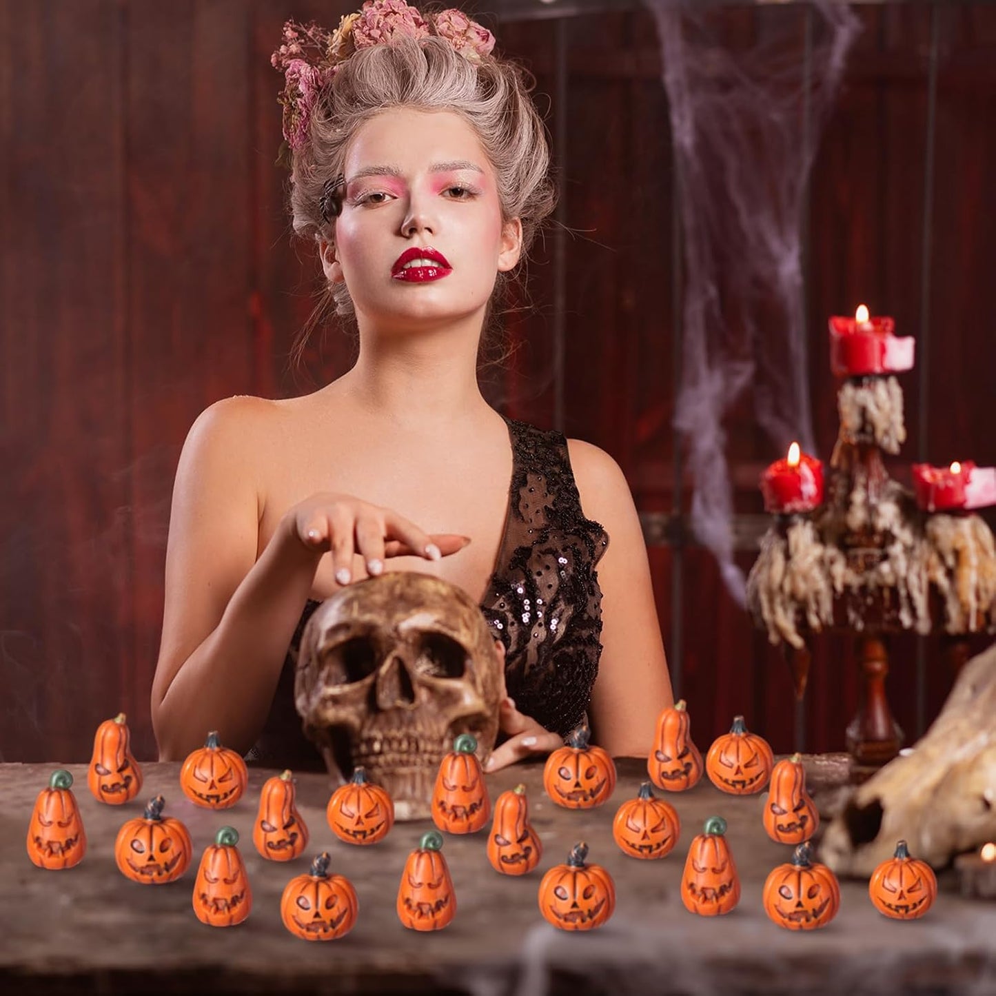 Vertintong 80 Pcs Halloween Miniature Pumpkin Figurines Mini Resin Fake Pumpkin Creepy Craft for Halloween Village Doll