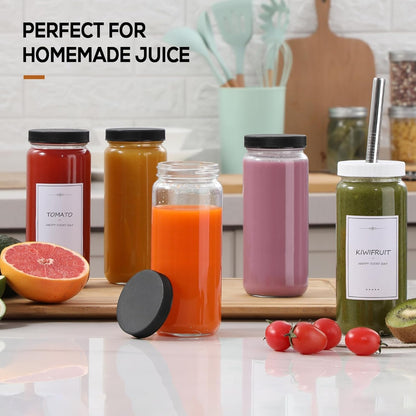 12 PACK, 16 OZ 2 Glass Juice Bottles with Airtight Lids, Bonus Straws & Perforated Lids, Reusable Juicer, Juicing