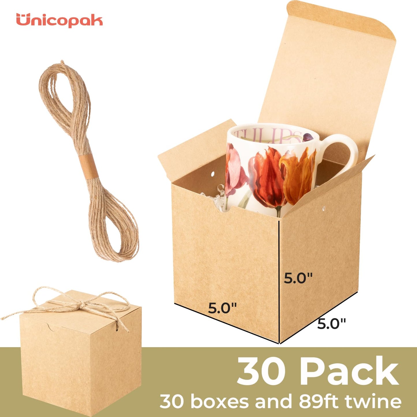 UnicoPak 30 Pack 5x5x5 Small Gift Boxes with Lids & Twine - Premium USA Kraft Cardboard - Pop-Up Easy Assembly Gift Boxes for Mugs, Candles, Ornaments & Christmas