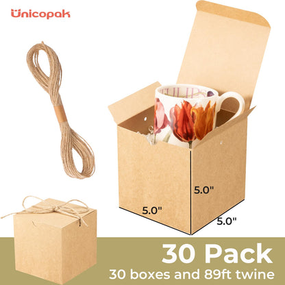 UnicoPak 30 Pack 5x5x5 Small Gift Boxes with Lids & Twine - Premium USA Kraft Cardboard - Pop-Up Easy Assembly Gift Boxes for Mugs, Candles, Ornaments & Christmas