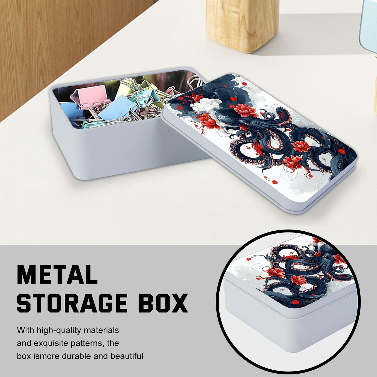 VACGBJPG Metal Tin Box with Lid,Multi-functional Storage Large Box Can Store Tea Biscuits Game Cards, Playing & Tarot Cards-Comes with 4 Magnetic Cord Clips,Octopus and Red Flower
